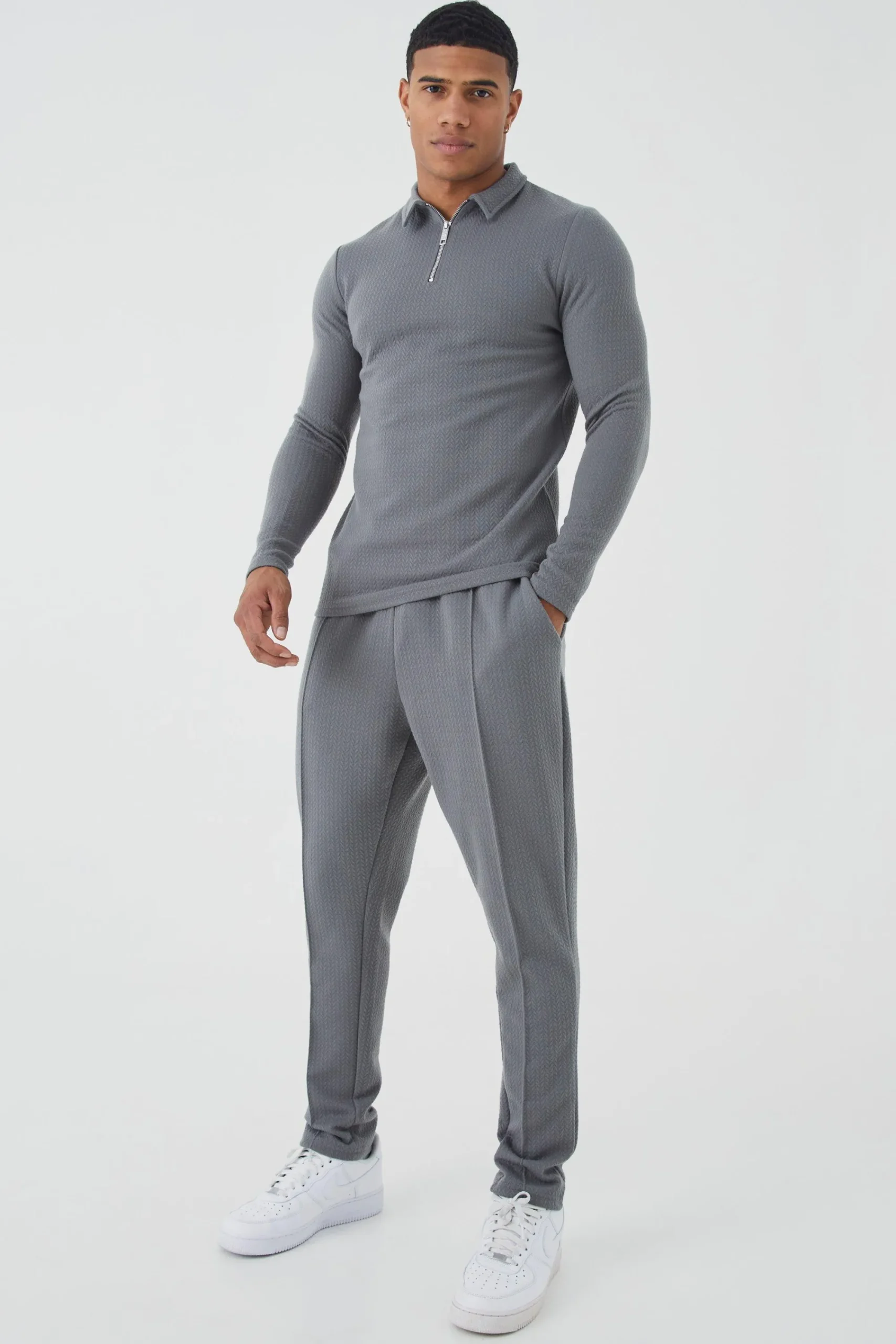 boohooMAN Slim Long Sleeve Jacquard Polo & Jogger Set | UK| Tracksuits
