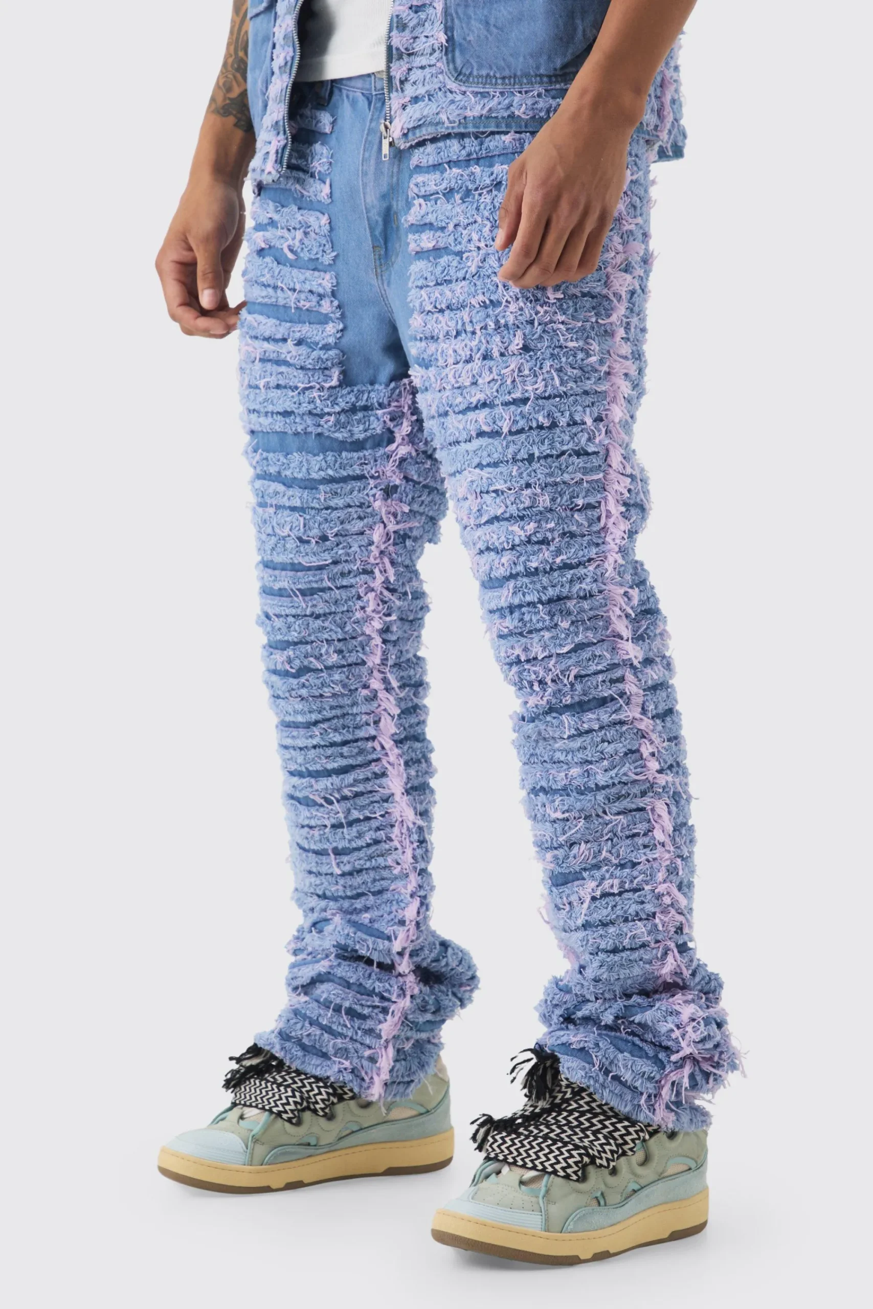 boohooMAN Slim Rigid Flare All Over Distressed Jeans In | UK| Trousers|Sets & Co-Ords