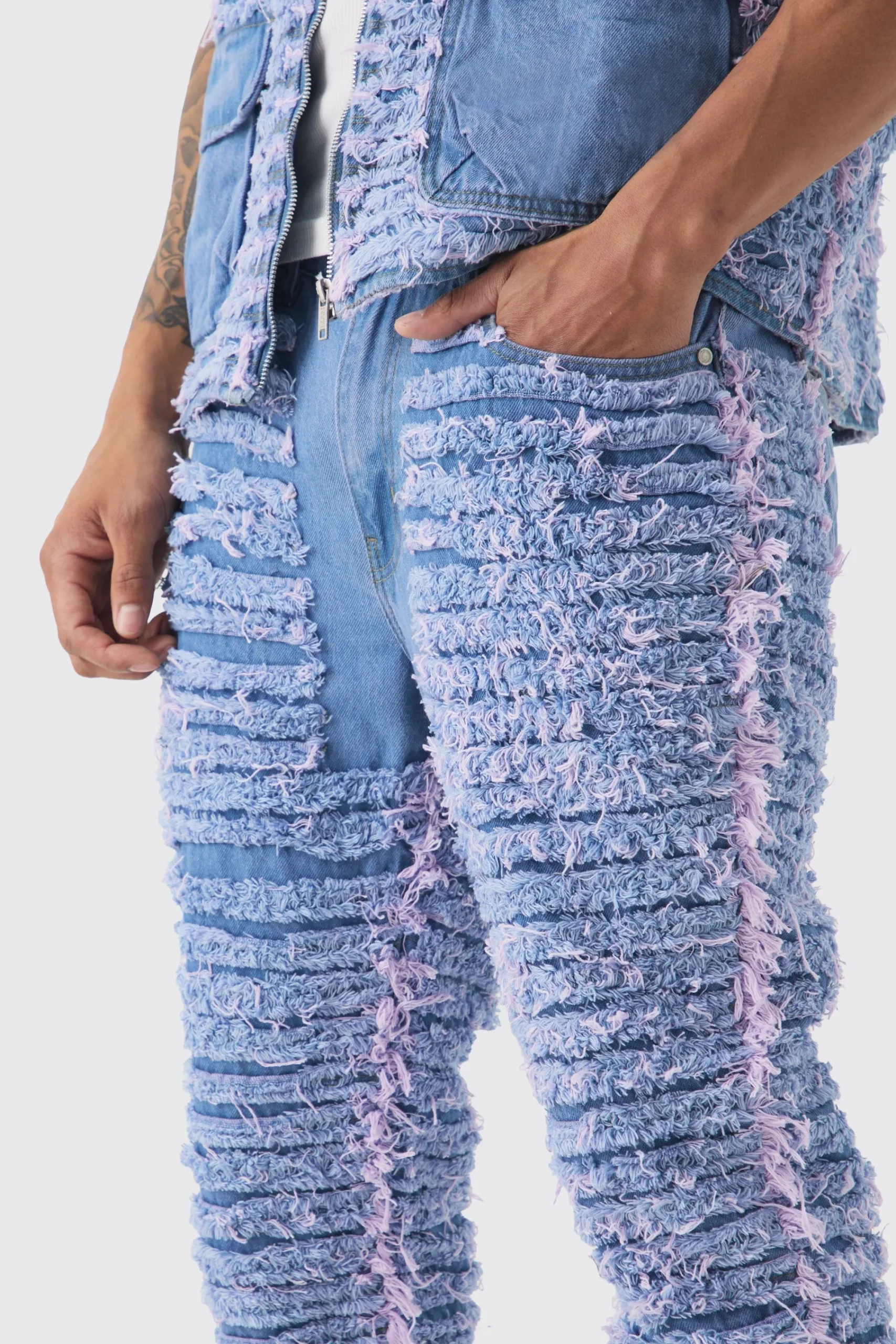 boohooMAN Slim Rigid Flare All Over Distressed Jeans In | UK| Trousers|Sets & Co-Ords