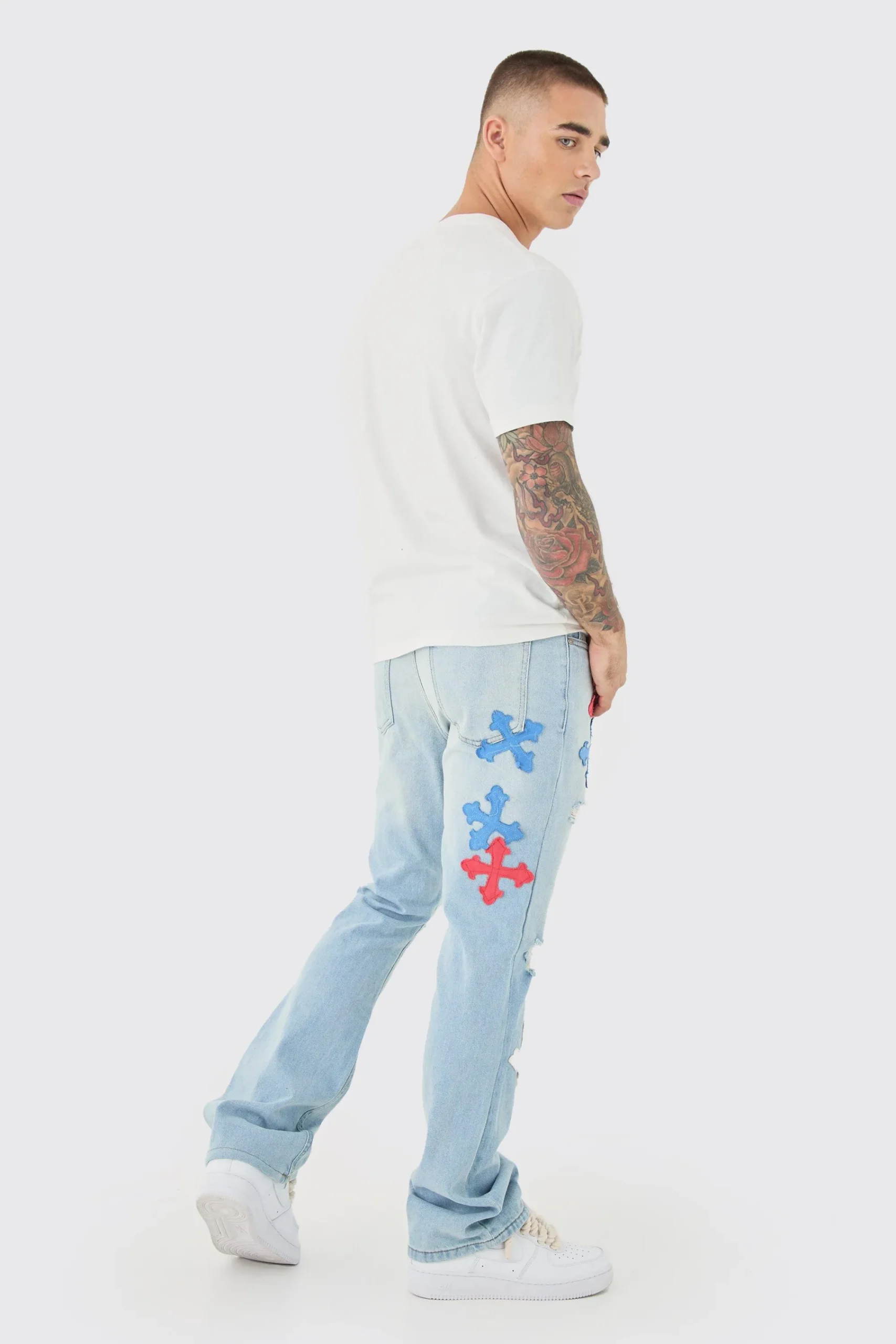 boohooMAN Slim Rigid Flare Applique Jeans In | UK| Trousers|Jeans