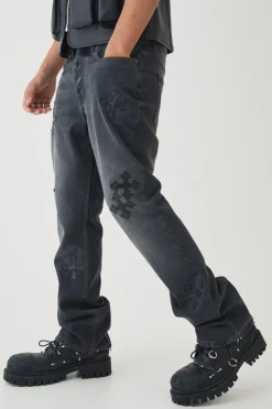 boohooMAN Slim Rigid Flare Cross Embroidered Jeans | UK| Trousers|Jeans