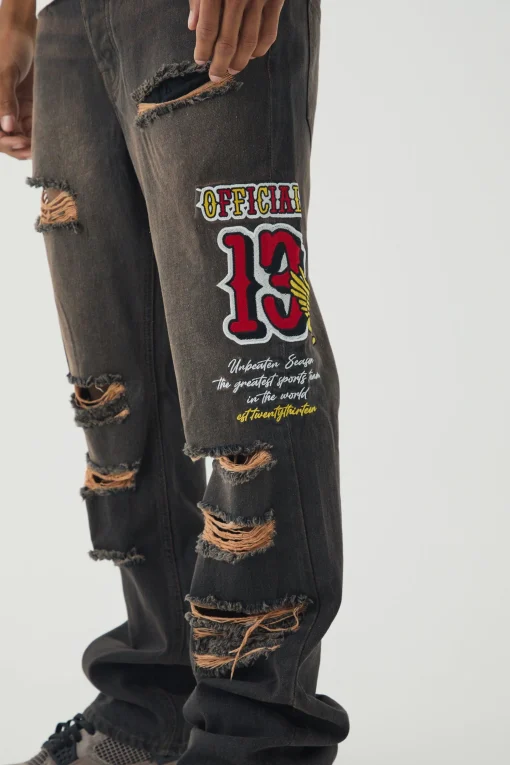boohooMAN Slim Rigid Flare Varsity Applique Wash Jeans | UK| Trousers|Jeans