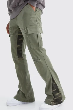 boohooMAN Slim Stacked Flare Camo Gusset Rip And Repair Trouser | UK| Trousers