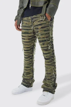 boohooMAN Slim Stacked Flare Heavily Distressed Camo Trouser | UK| Trousers