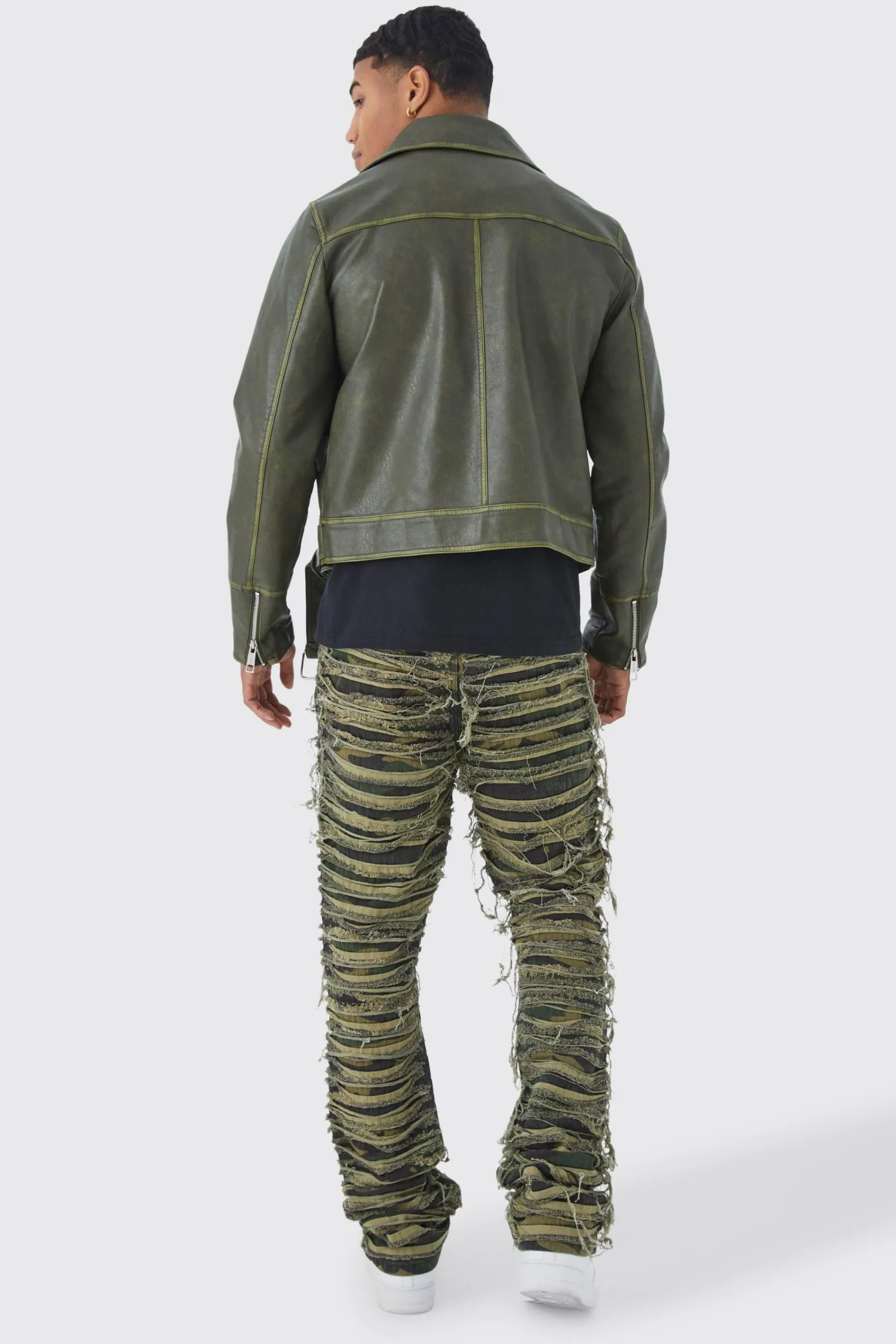 boohooMAN Slim Stacked Flare Heavily Distressed Camo Trouser | UK| Trousers