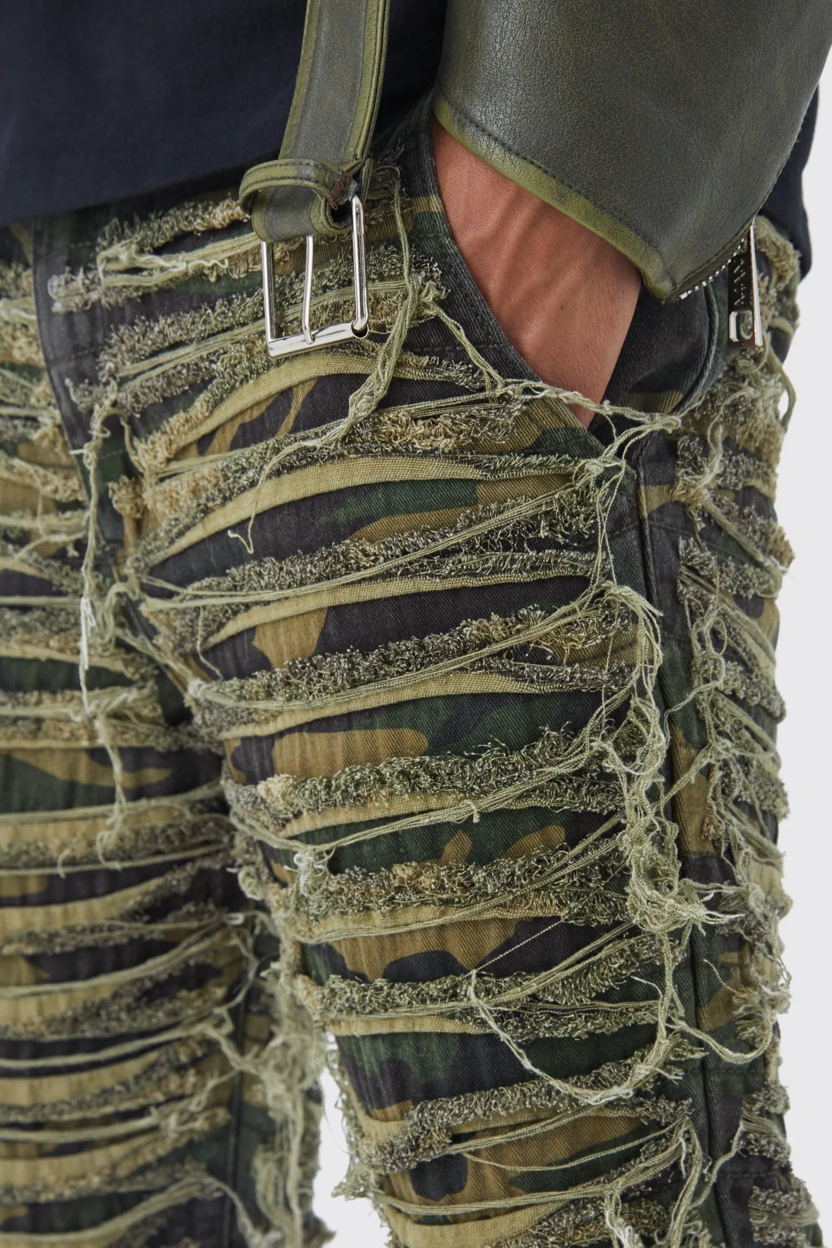 boohooMAN Slim Stacked Flare Heavily Distressed Camo Trouser | UK| Trousers