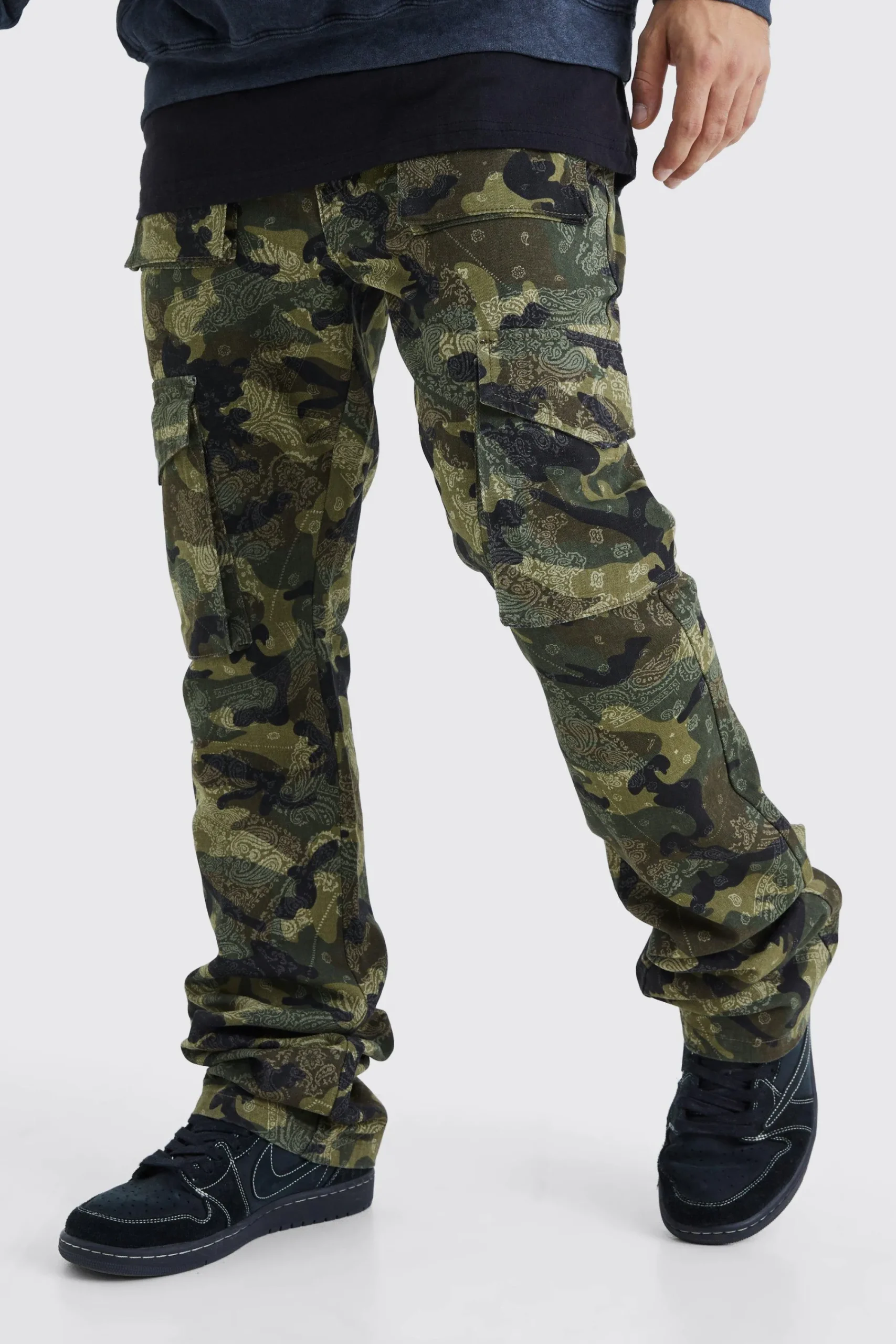 boohooMAN Slim Stacked Flare Multi Cargo Camo Bandana Trouser | UK| Trousers