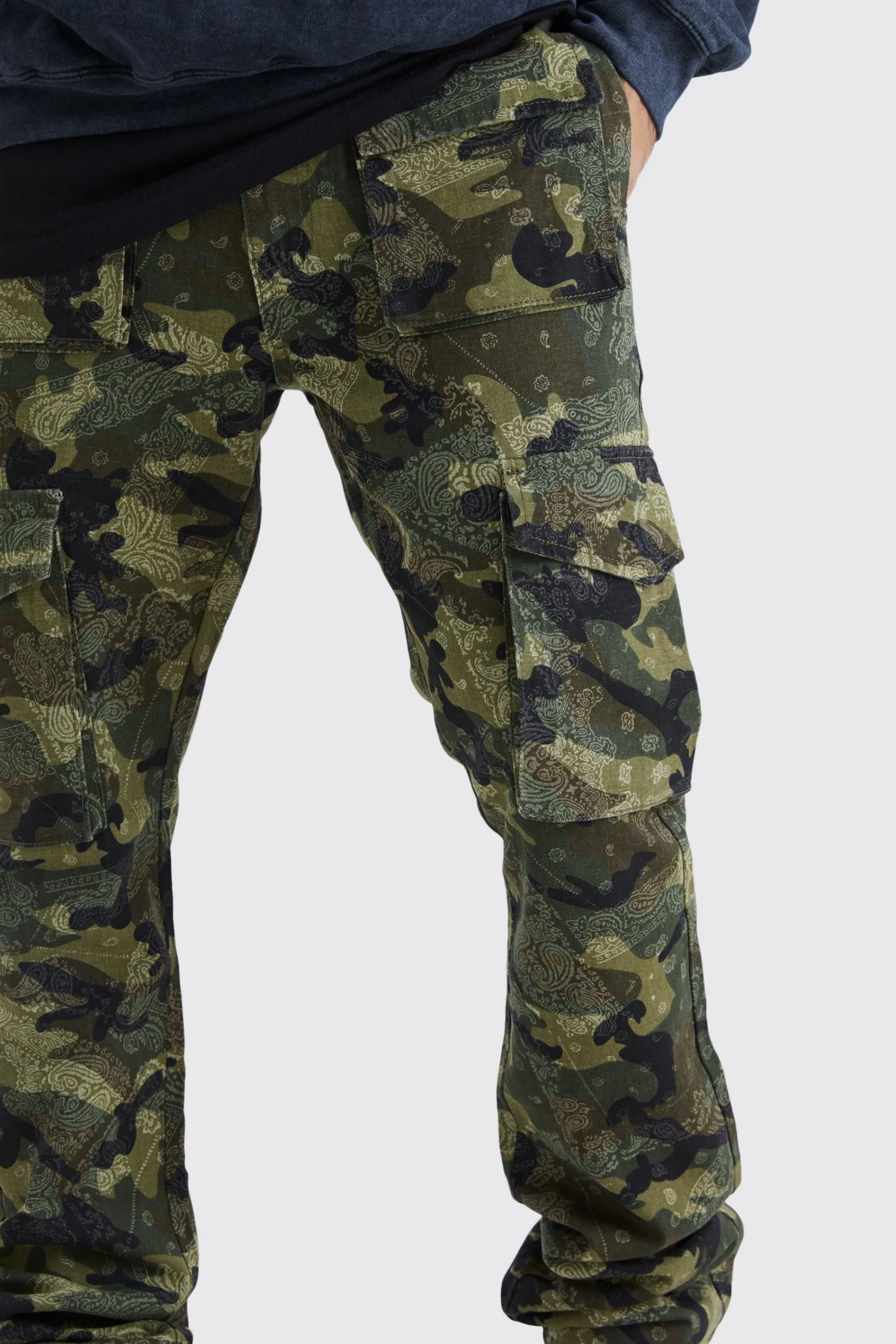 boohooMAN Slim Stacked Flare Multi Cargo Camo Bandana Trouser | UK| Trousers