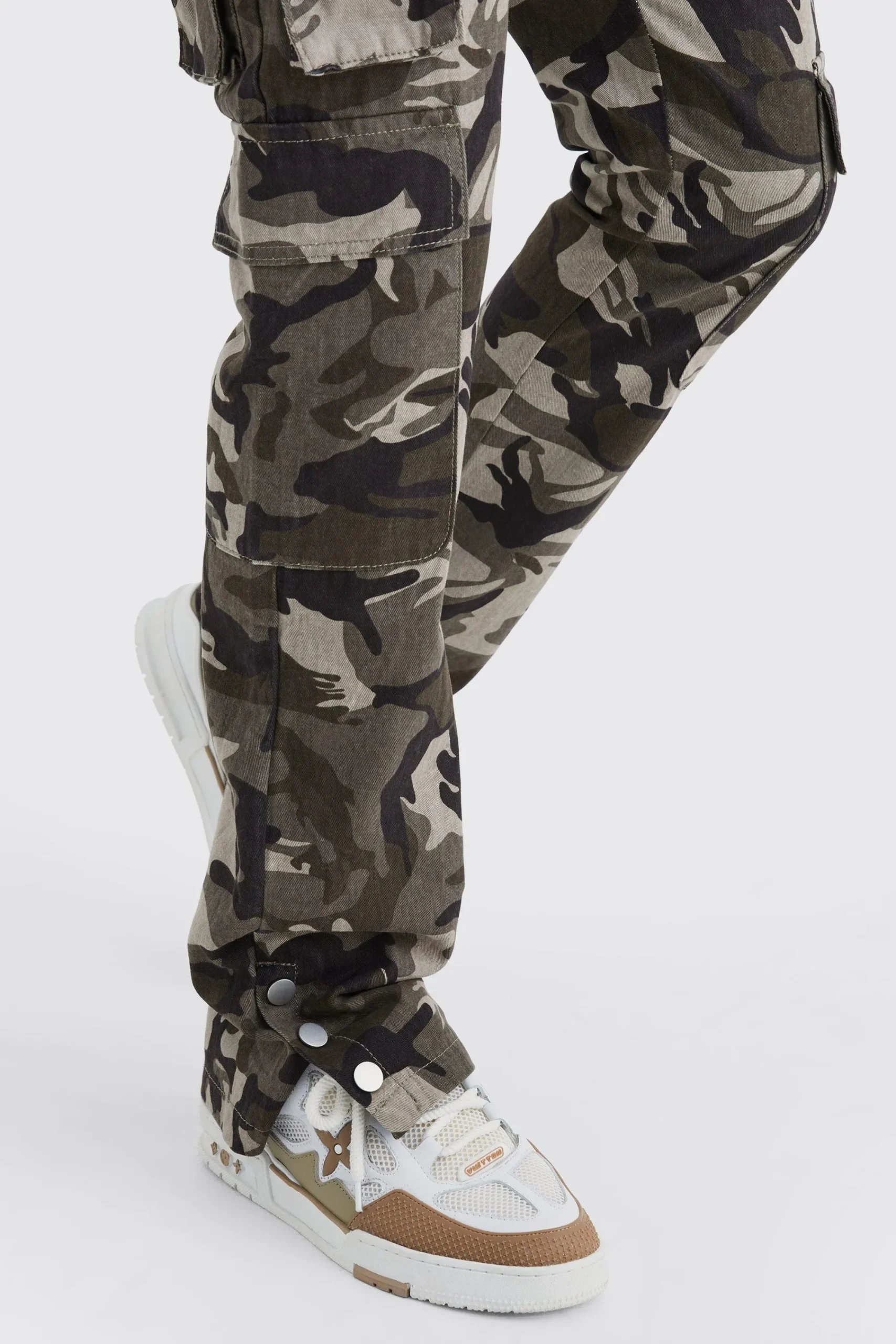 boohooMAN Slim Stacked Popper Hem Multi Cargo Camo Trouser | UK| Trousers