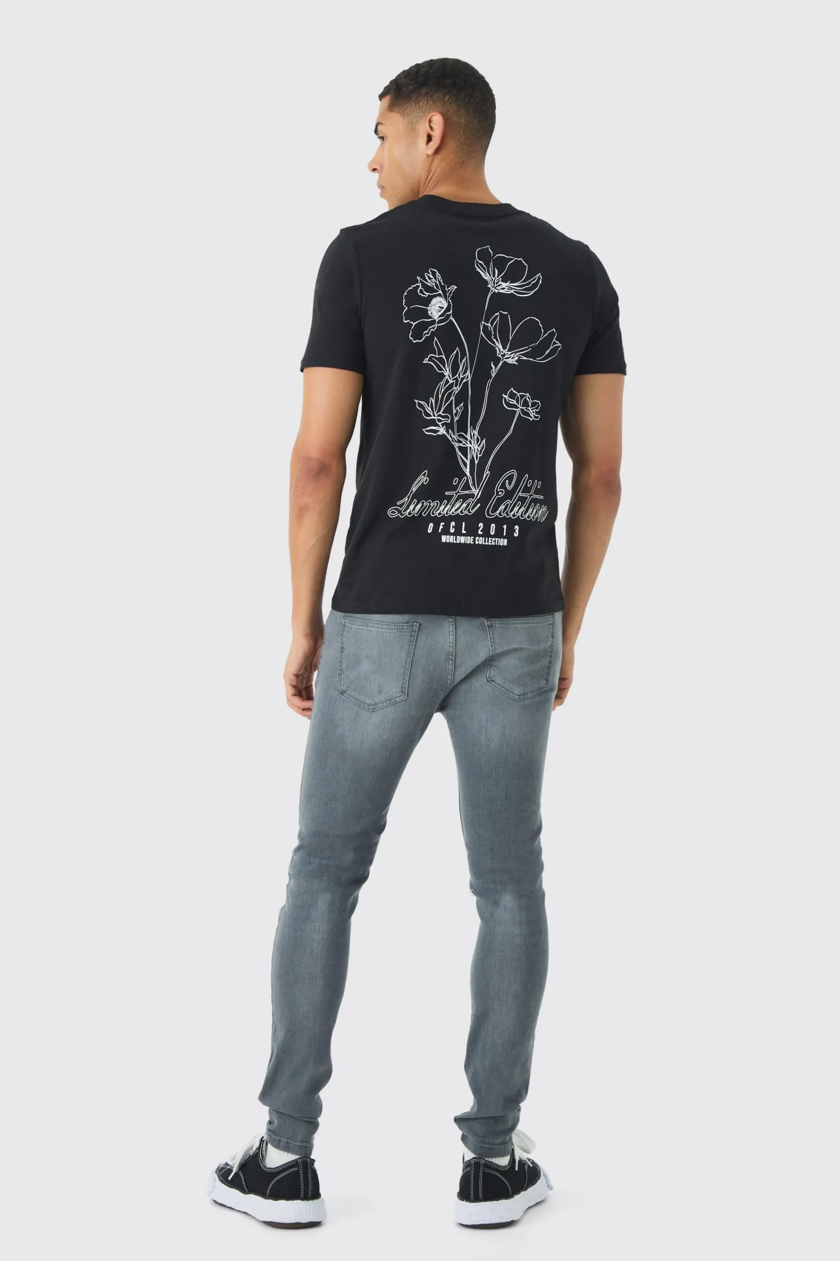 Slim Stencil Floral Back Printed T-Shirt | UK^boohooMAN