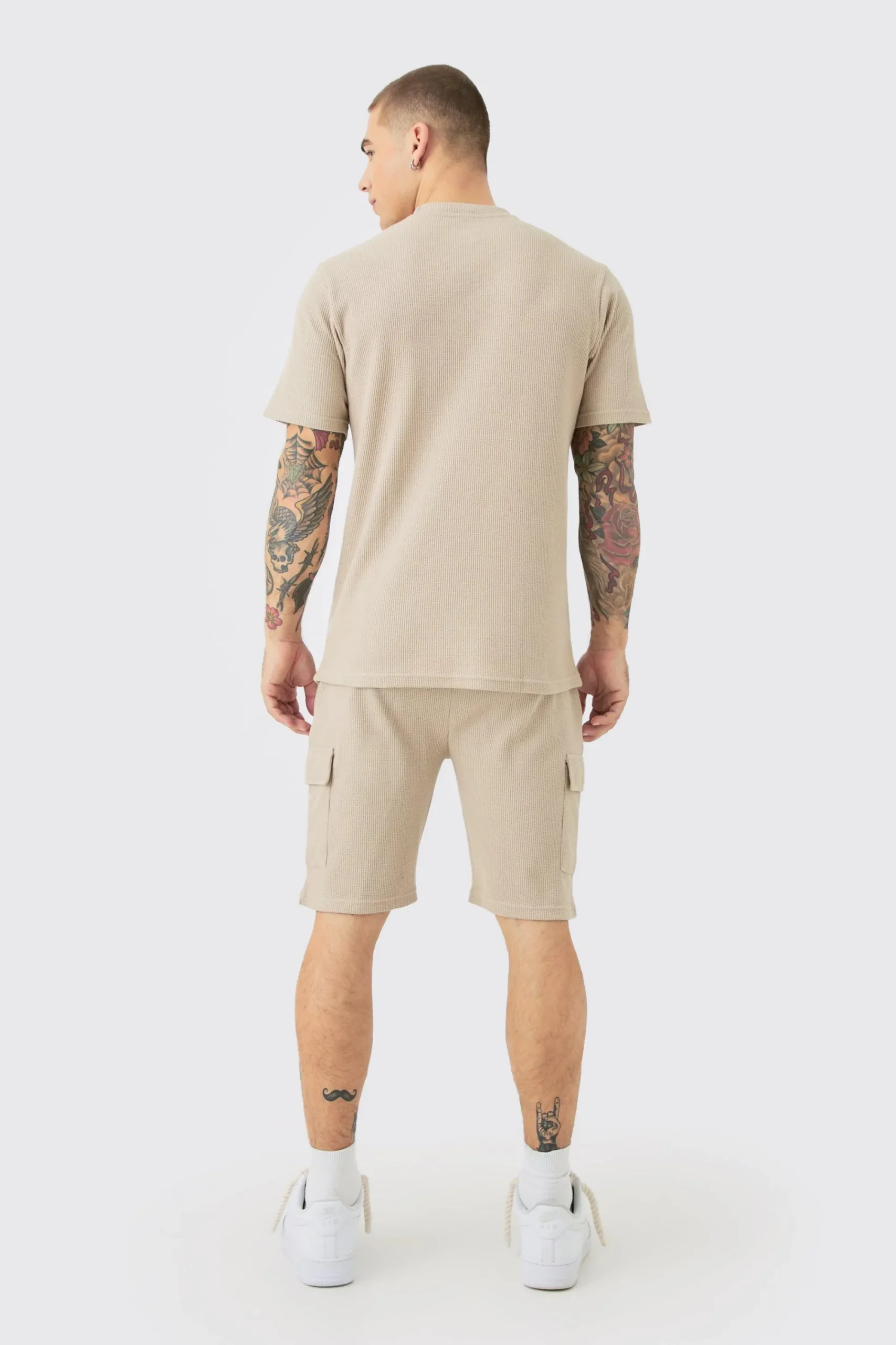 boohooMAN Slim Waffle T-shirt & Cargo Short Set | UK| Tracksuits