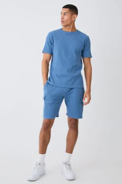 boohooMAN Slim Waffle T-shirt & Cargo Short Set | UK| Shorts|Sets & Co-Ords