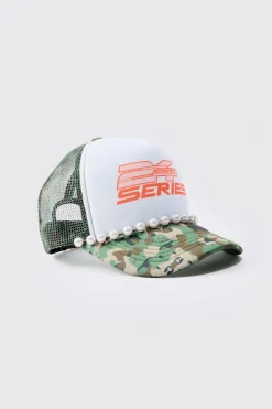 boohooMAN Slogan Foam Front Trucker Camo Cap With Pearl Detail In | UK| Hats & Caps