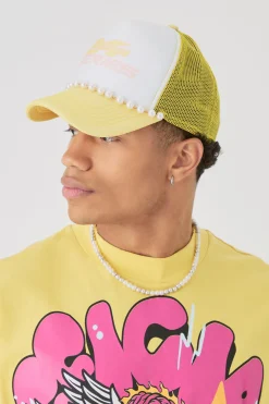 boohooMAN Slogan Foam Front Trucker Cap With Pearl Detail In Pastel | UK| Hats & Caps