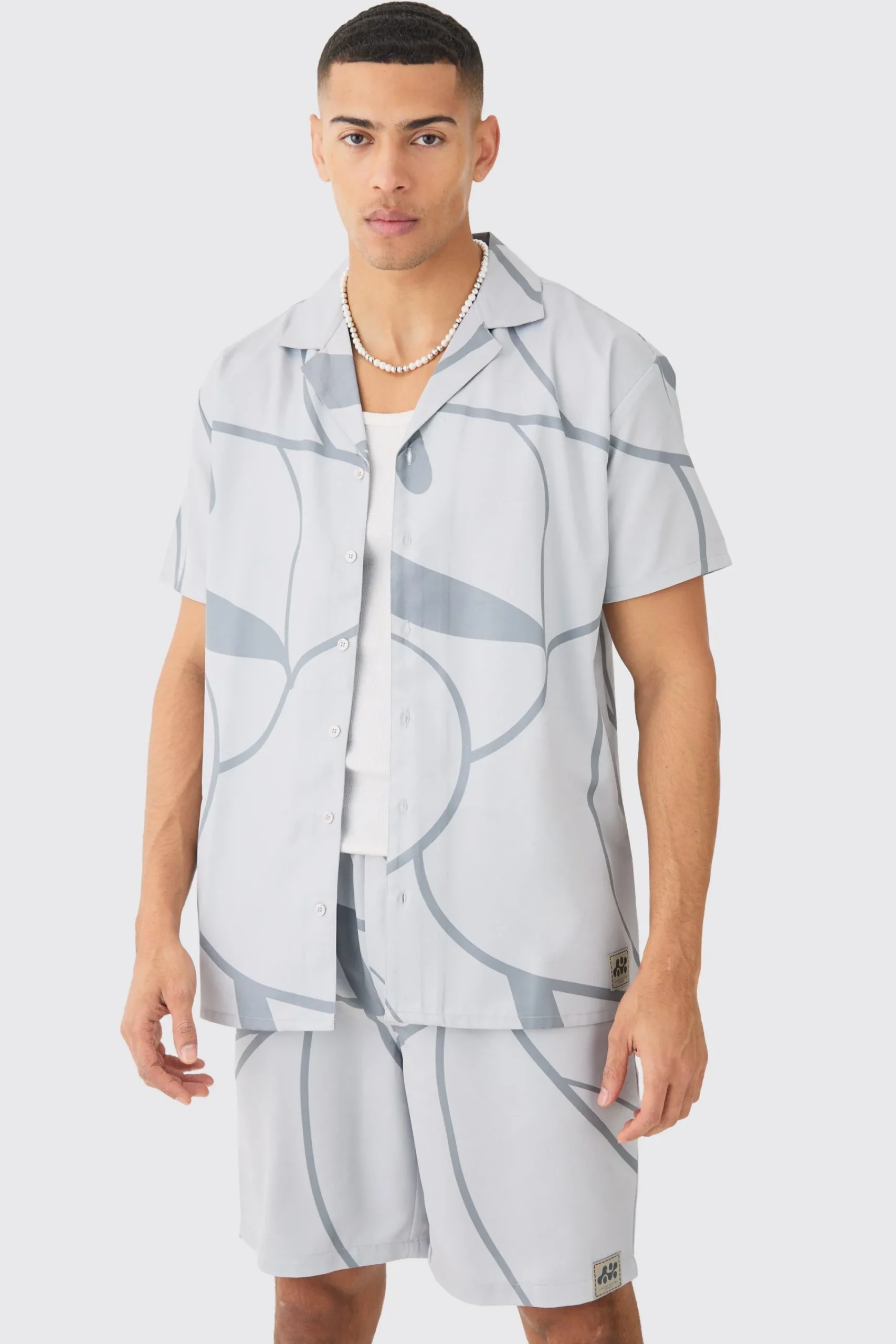boohooMAN Soft Twill Abstract Printed Tab Shirt And Short | UK| Sets & Co-Ords