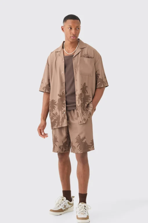 boohooMAN Soft Twill Palm Hem Oversized Boxy Shirt & Short | UK| Sets & Co-Ords