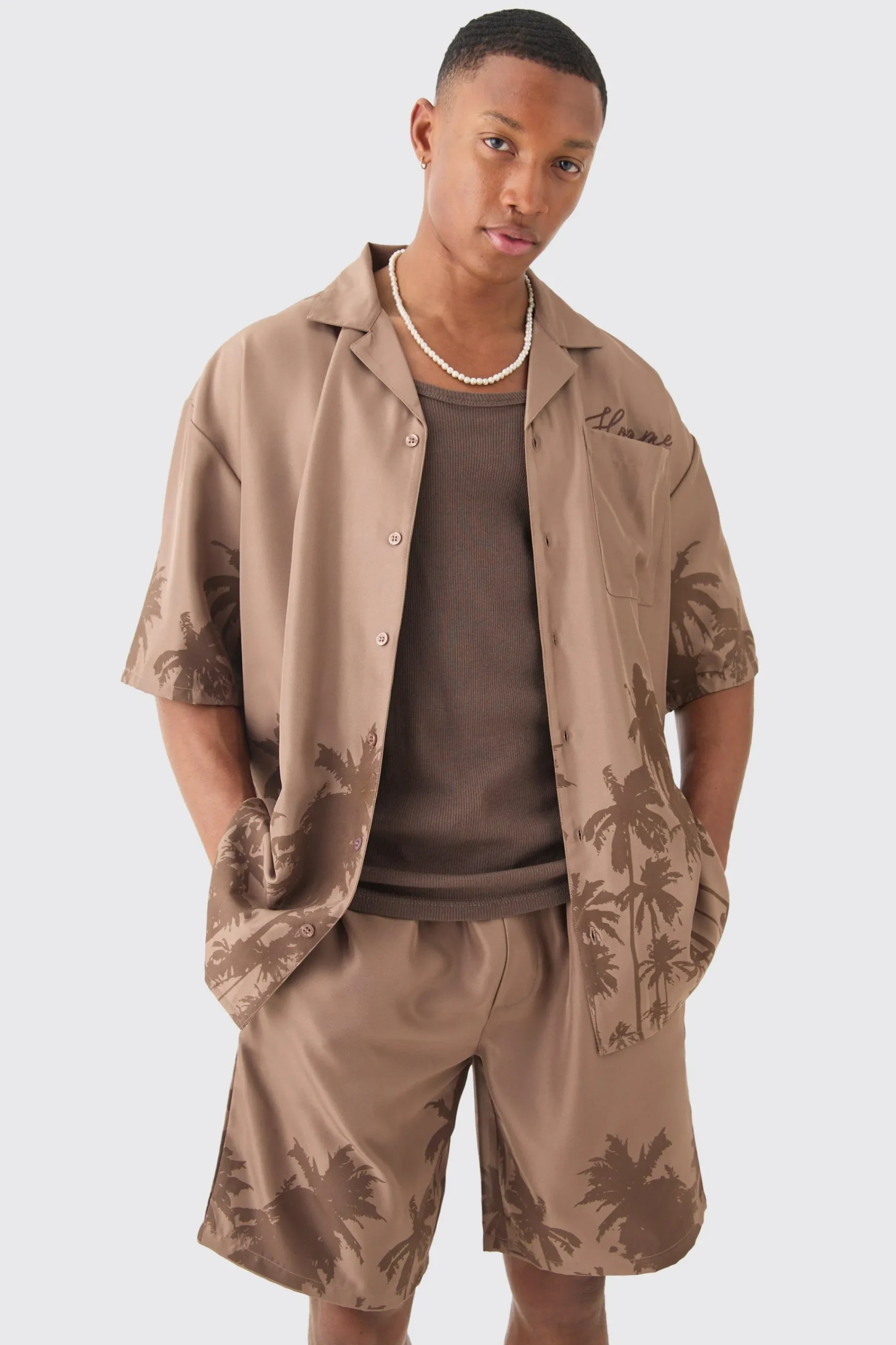 boohooMAN Soft Twill Palm Hem Oversized Boxy Shirt & Short | UK| Sets & Co-Ords