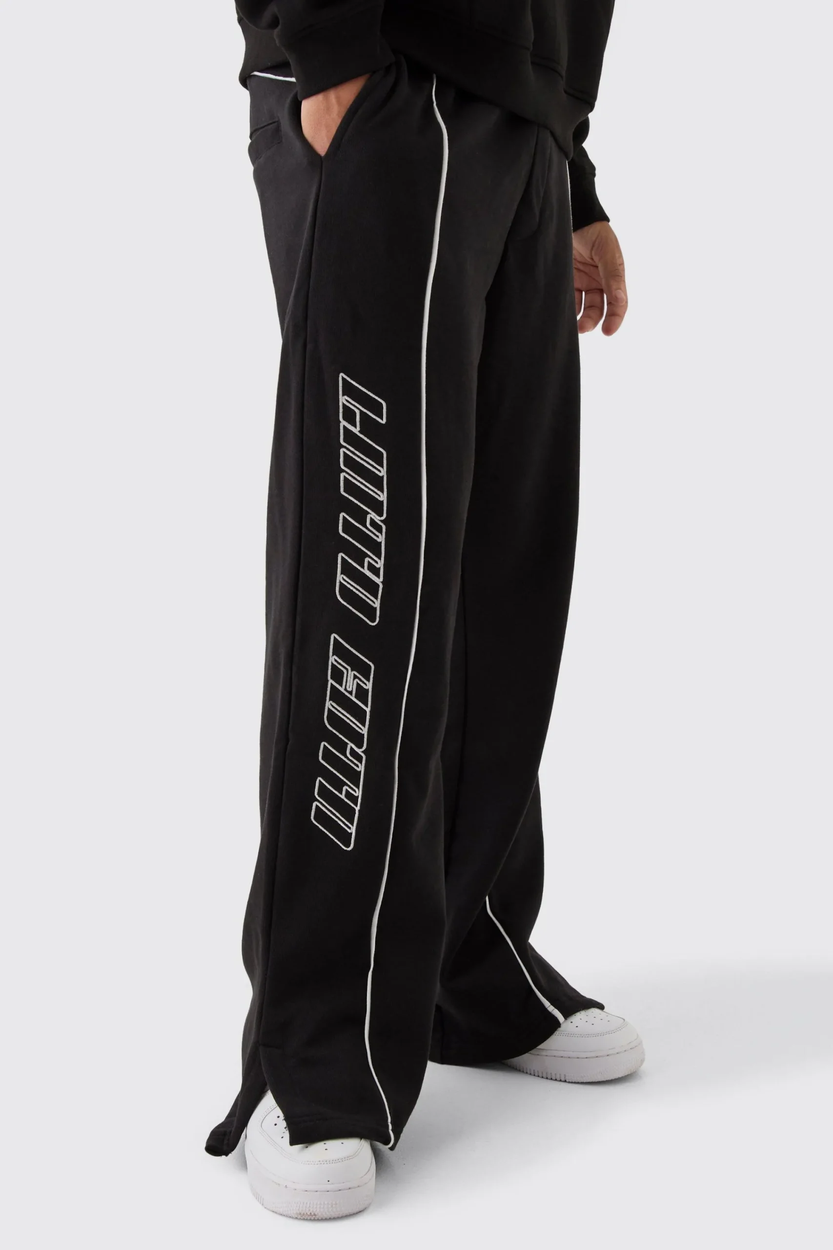 boohooMAN Straight Fit Heavyweight Embroidered Piping Split Hem Jogger | UK| Joggers