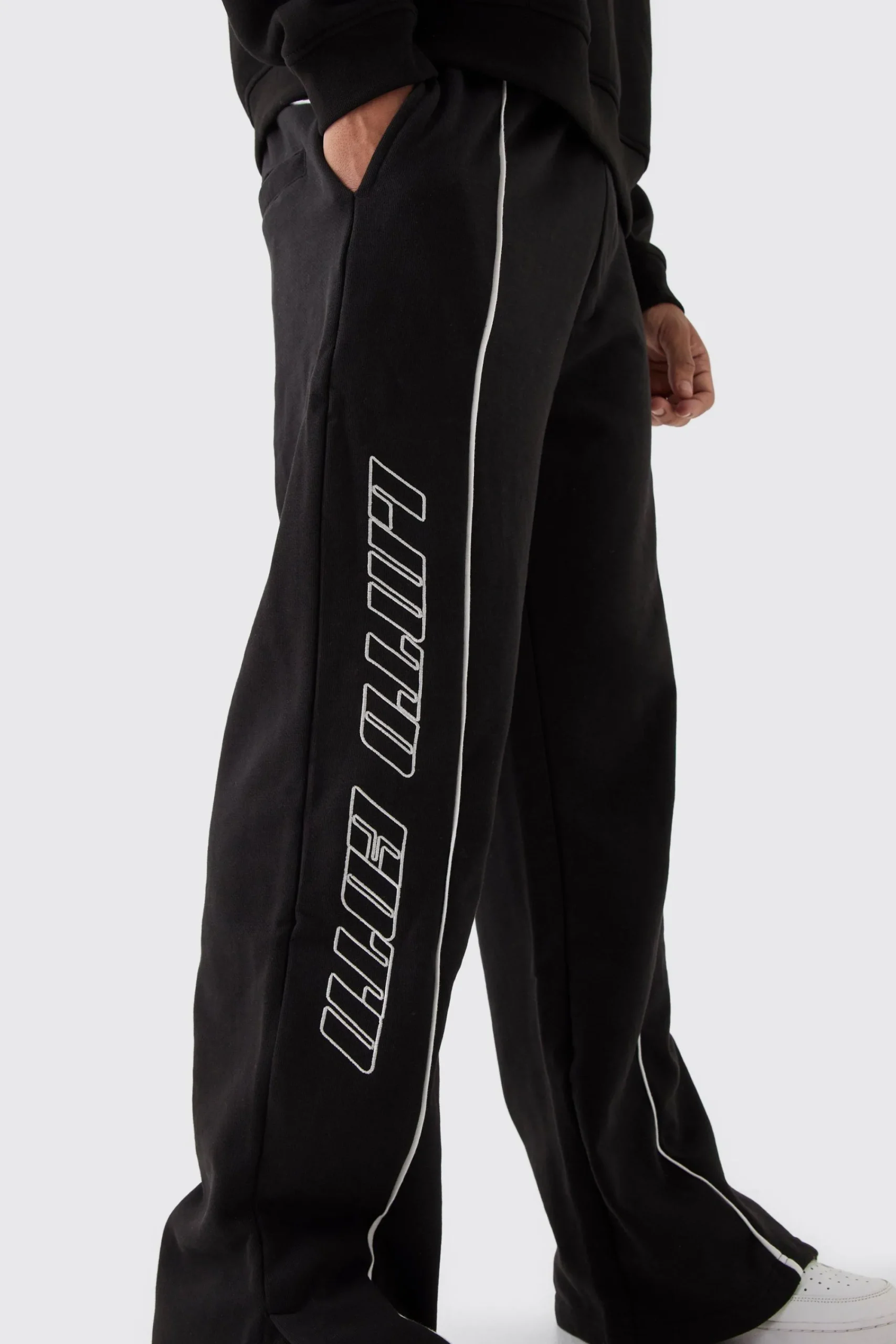 boohooMAN Straight Fit Heavyweight Embroidered Piping Split Hem Jogger | UK| Joggers