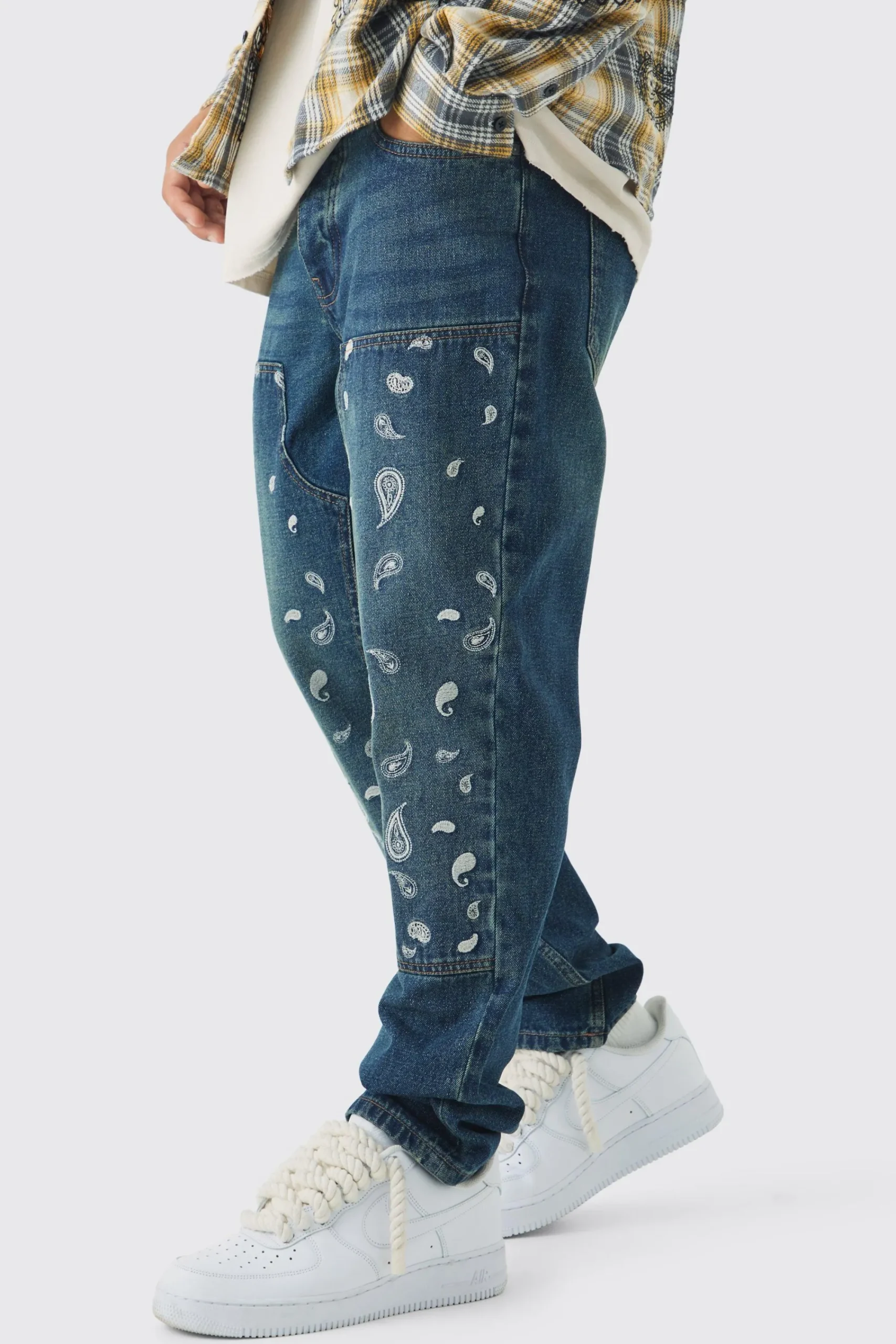 boohooMAN Straight Leg Antique Carpenter Paisley Embroidered Jeans | UK| Trousers|Jeans