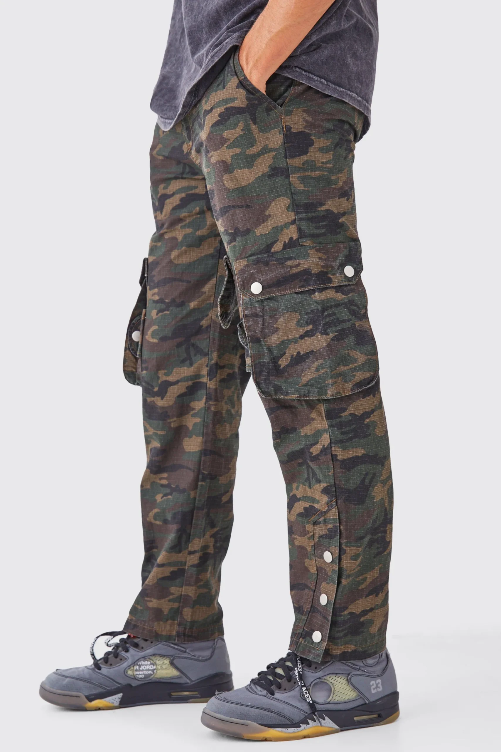 boohooMAN Straight Leg 3d Multi Cargo Camo Trouser With Popper Hem | UK| Trousers