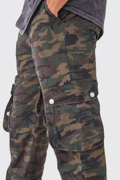 boohooMAN Straight Leg 3d Multi Cargo Camo Trouser With Popper Hem | UK| Trousers