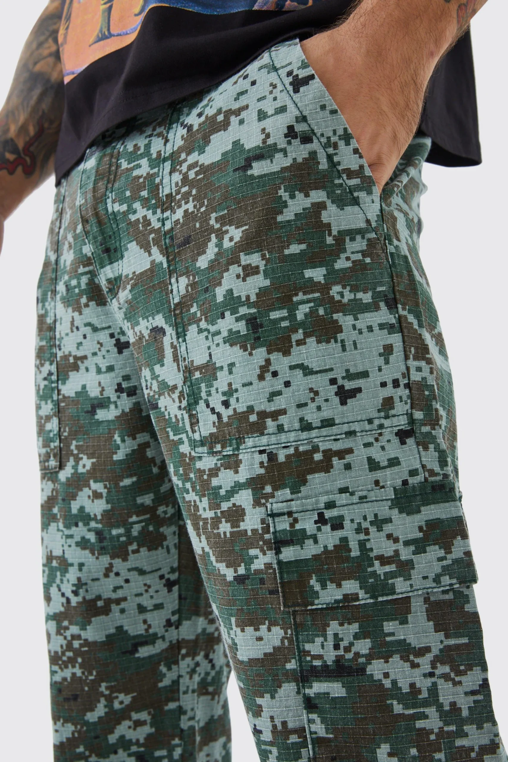boohooMAN Straight Leg Tie Hem Camo Trouser | UK| Trousers