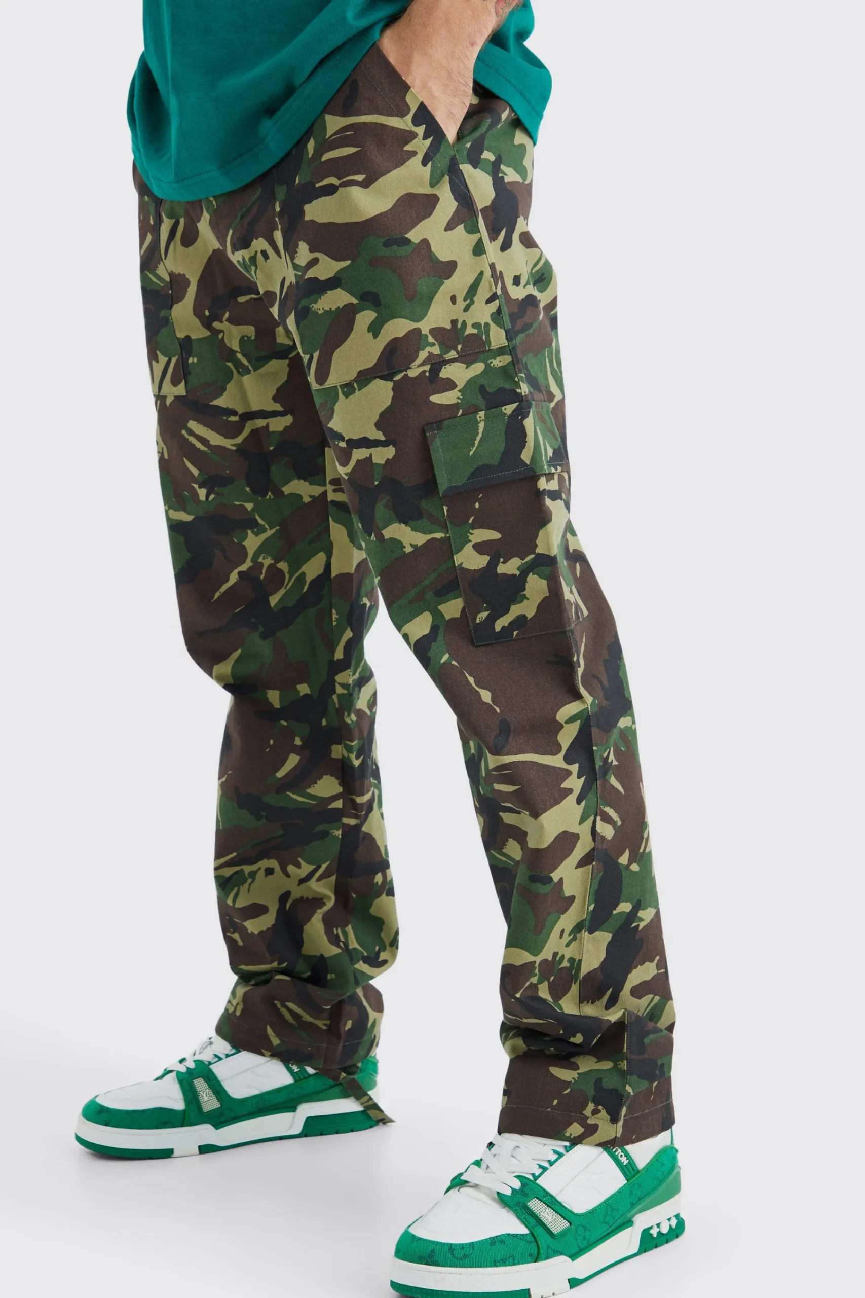 boohooMAN Straight Leg Tie Hem Camo Trouser | UK| Trousers