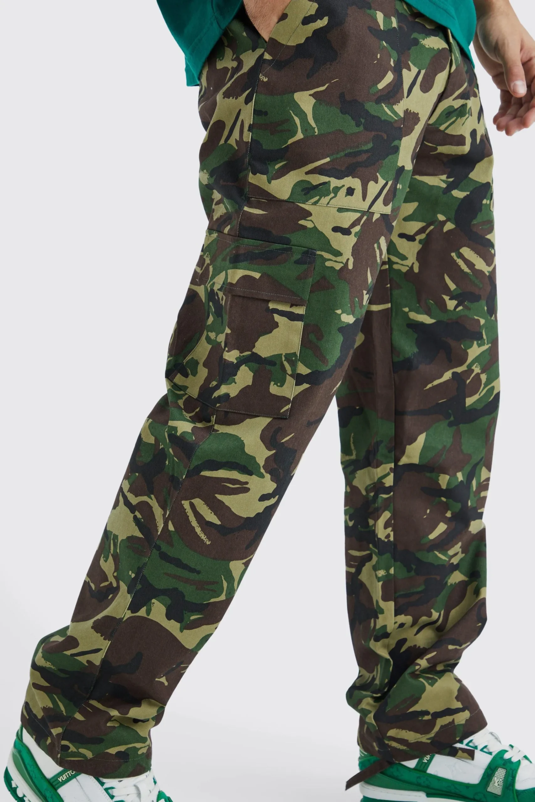 boohooMAN Straight Leg Tie Hem Camo Trouser | UK| Trousers