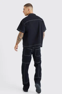 boohooMAN Straight Rigid Contrast Stitch Zip Hem Jeans | UK| Trousers|Sets & Co-Ords