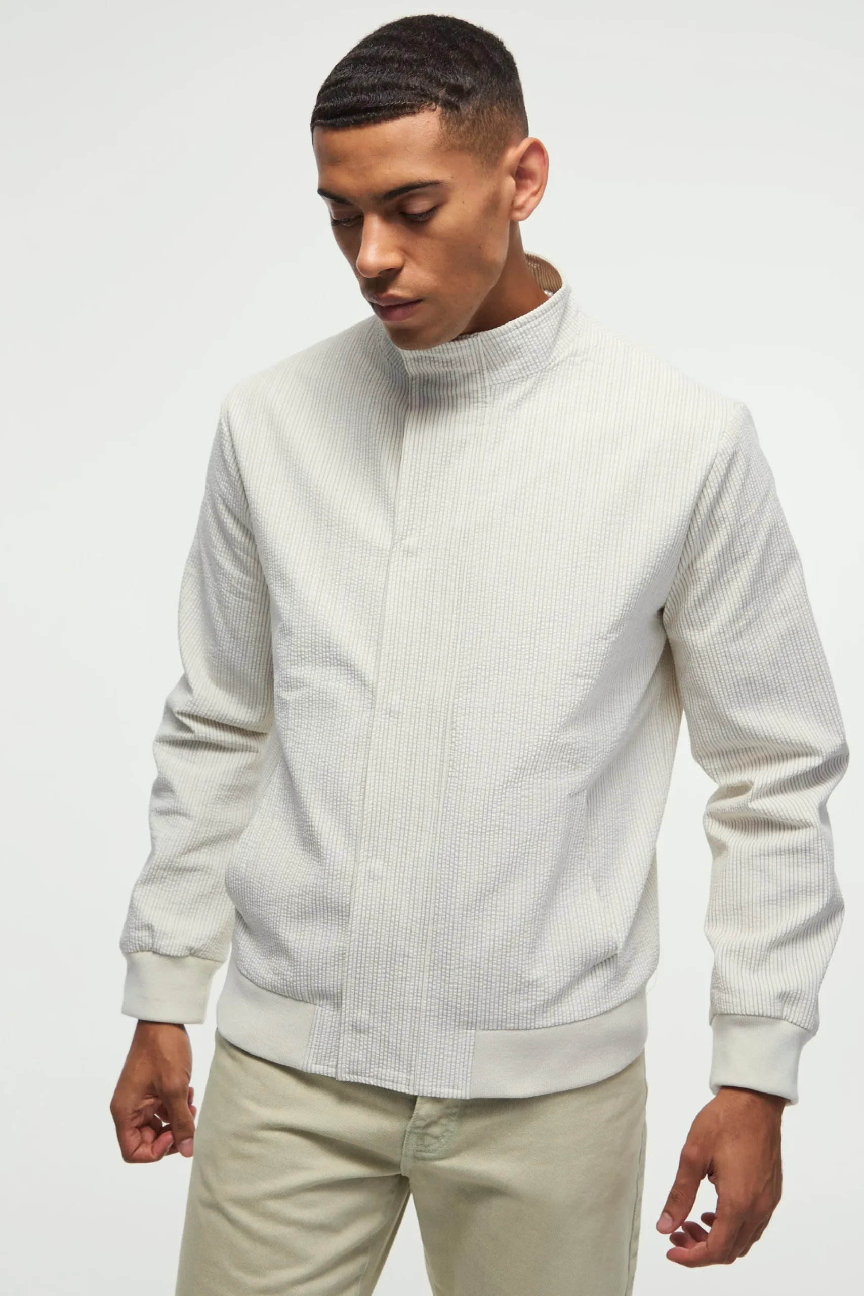 boohooMAN Stripe Seersucker Funnel Neck Smart Jacket | UK| Suits & Tailoring