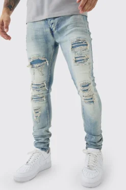 boohooMAN Super Skinny Stretch Pale Blue Biker Rip & Repair Jeans | UK| Trousers|Jeans
