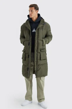 boohooMAN Tall 4 Pocket Longline Hooded Puffer Jacket In | UK| Coats & Jackets