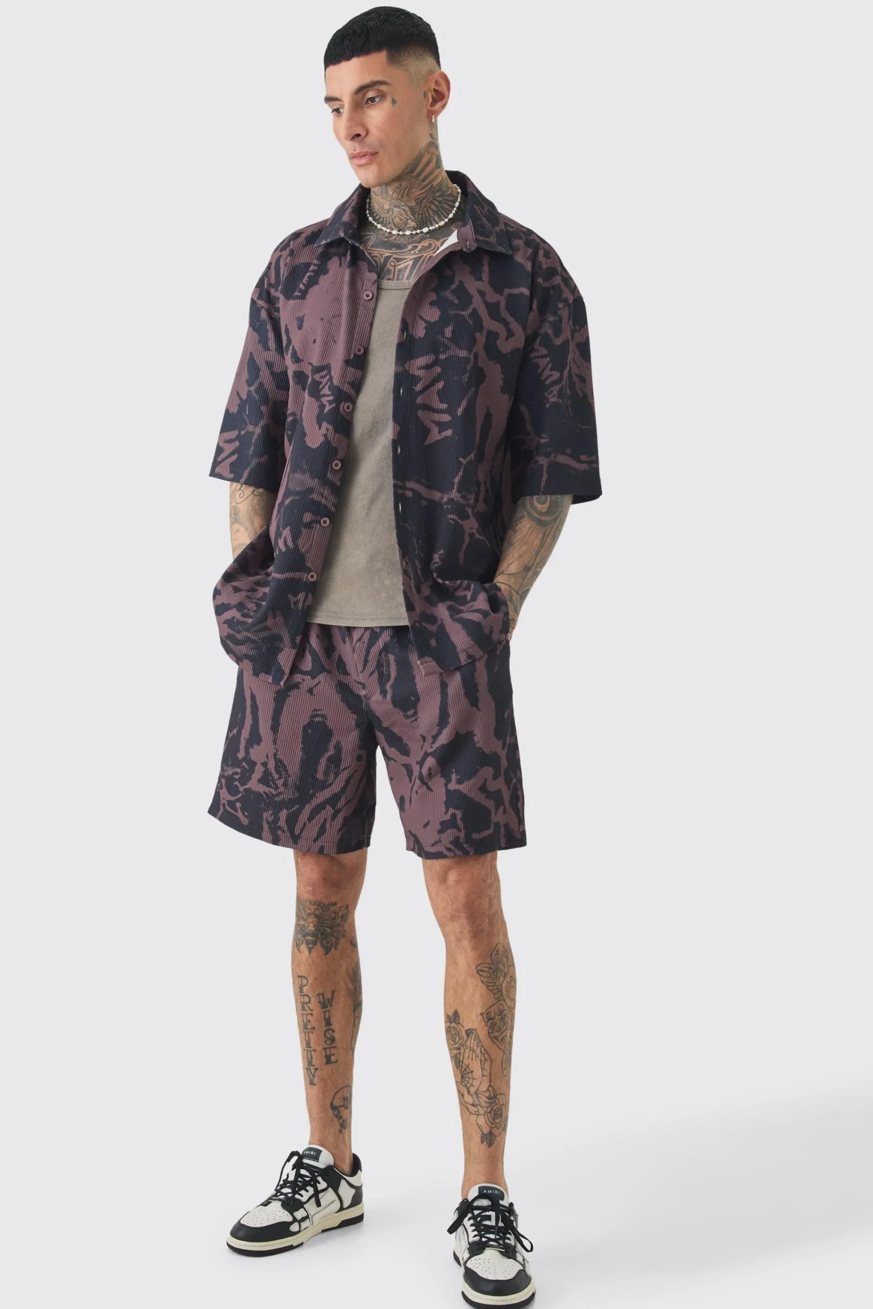 boohooMAN Tall Abstract Printed Oversized Short Sleeve Pleated Shirt & Short Set | UK| Sets & Co-Ords