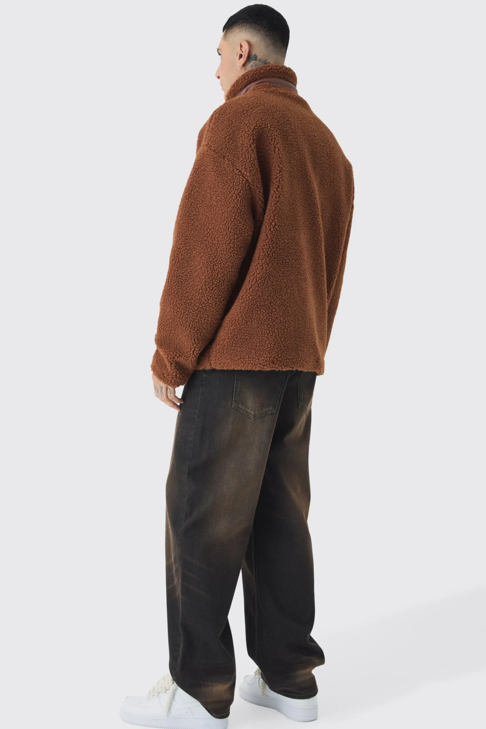 boohooMAN Tall Borg Funnel Neck Jacket With PU Pocket In | UK| Coats & Jackets