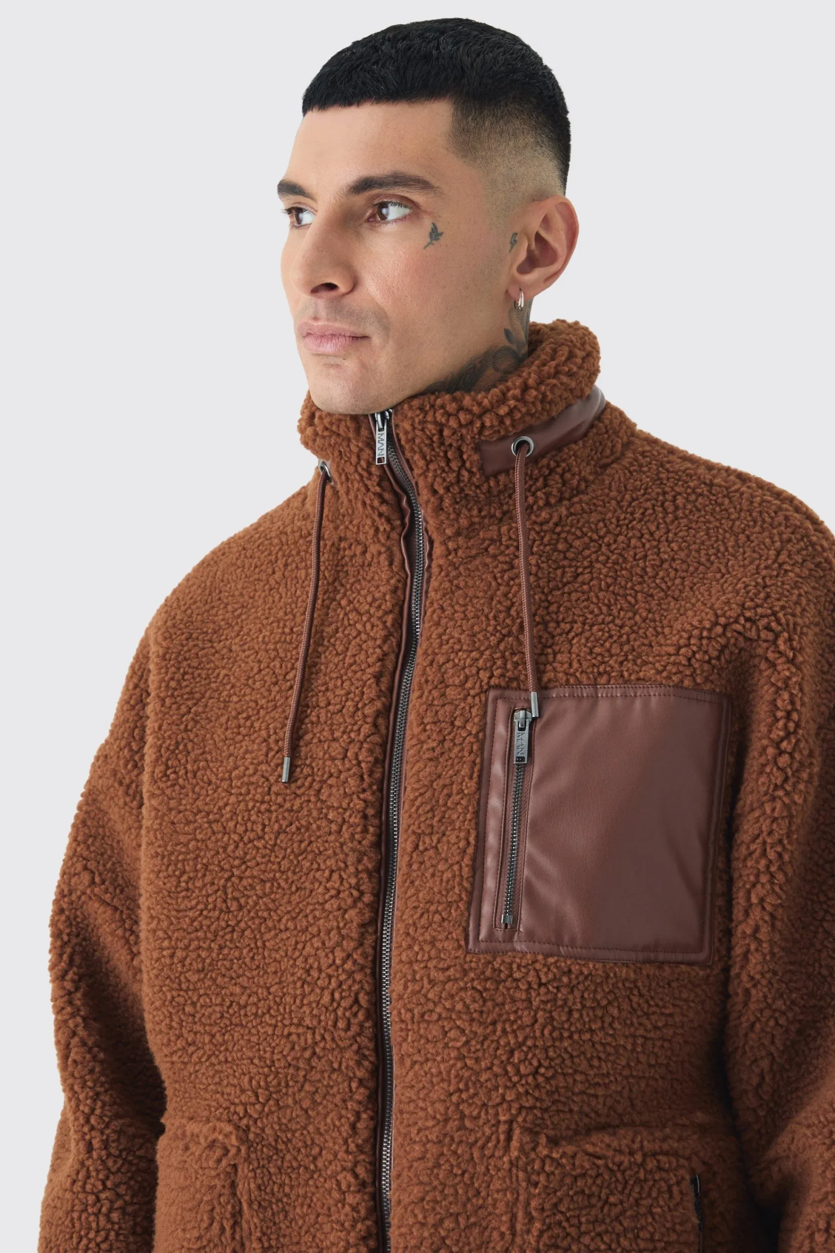 boohooMAN Tall Borg Funnel Neck Jacket With PU Pocket In | UK| Coats & Jackets