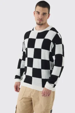 boohooMAN Tall Boucle Knit Checkered Crew Neck Jumper | UK| Knitwear