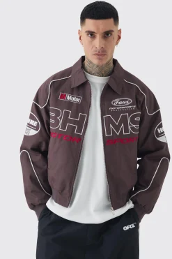 boohooMAN Tall Boxy Badge Twill Moto Jacket In | UK| Coats & Jackets