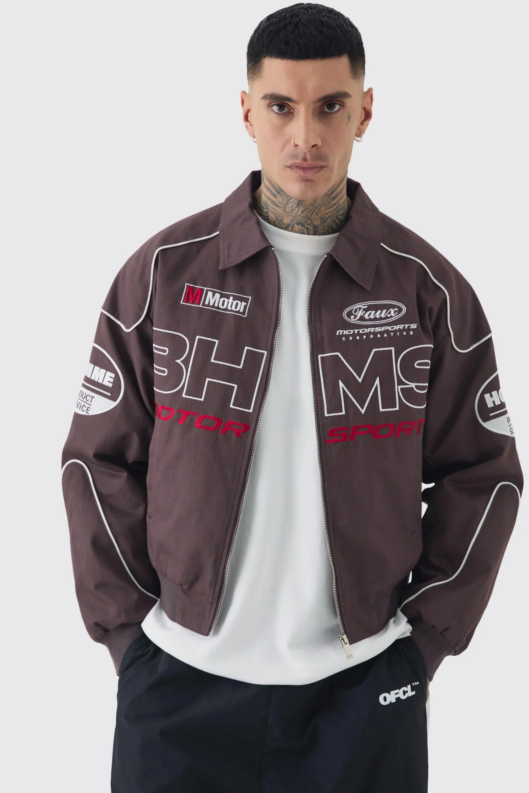 boohooMAN Tall Boxy Badge Twill Moto Jacket In | UK| Coats & Jackets