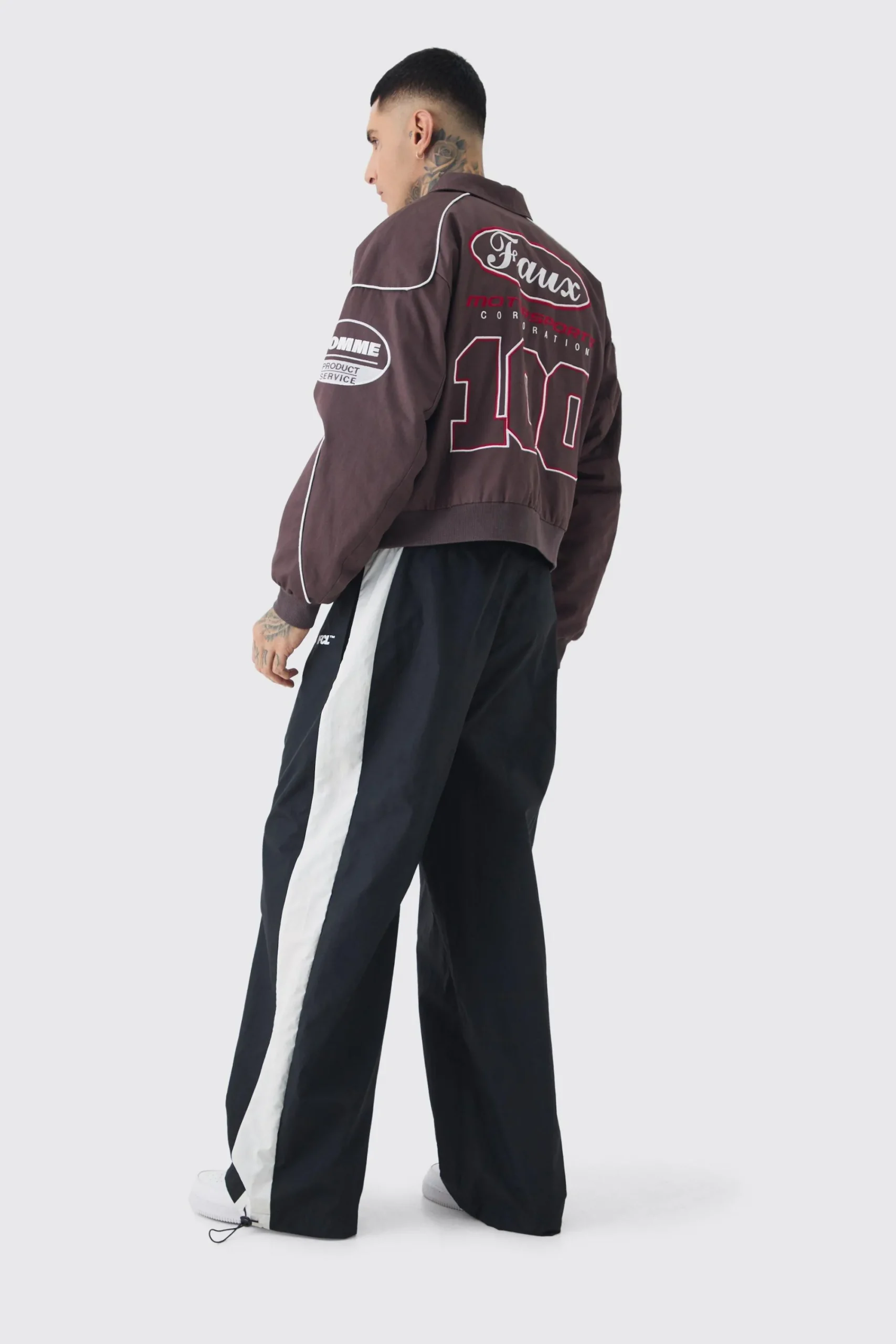 boohooMAN Tall Boxy Badge Twill Moto Jacket In | UK| Coats & Jackets