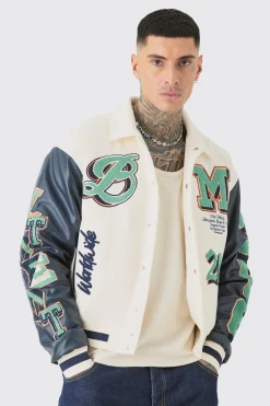 boohooMAN Tall Boxy BM Badge Collared Varsity Jacket In | UK| Coats & Jackets
