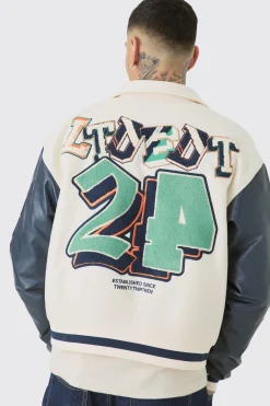 boohooMAN Tall Boxy BM Badge Collared Varsity Jacket In | UK| Coats & Jackets