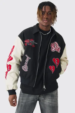 boohooMAN Tall Boxy Heart Applique Varsity Bomber | UK| Coats & Jackets