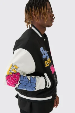 boohooMAN Tall Boxy Homme Badge PU Sleeve Varsity Jacket In | UK| Coats & Jackets