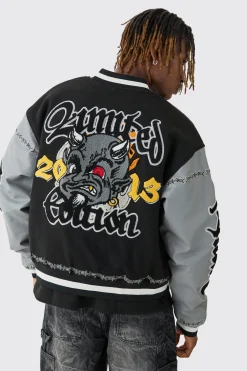 boohooMAN Tall Boxy Limited Badge PU Sleeve Varsity Jacket In | UK| Coats & Jackets