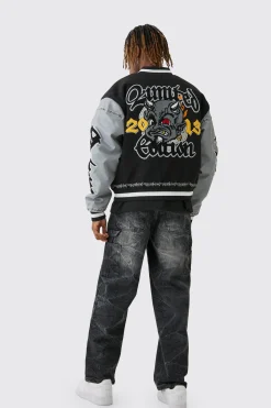 boohooMAN Tall Boxy Limited Badge PU Sleeve Varsity Jacket In | UK| Coats & Jackets