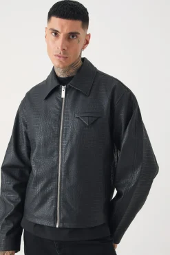 boohooMAN Tall Boxy Textured PU Harrington Jacket In | UK| Coats & Jackets