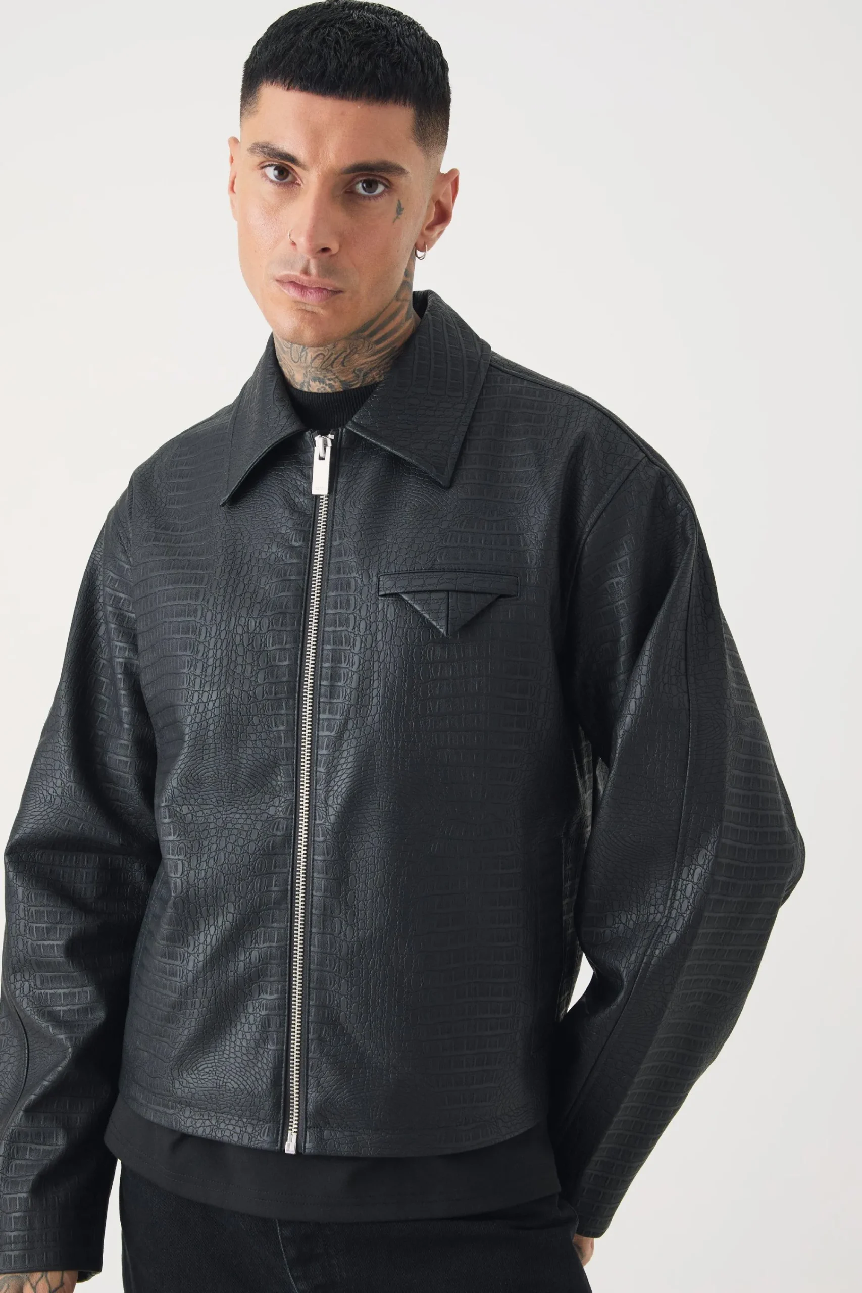 boohooMAN Tall Boxy Textured PU Harrington Jacket In | UK| Coats & Jackets