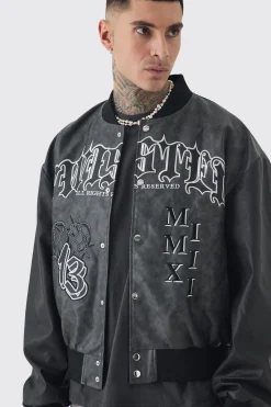 boohooMAN Tall Boxy Tonal Badge Tumbled PU Varsity Jacket In | UK| Coats & Jackets