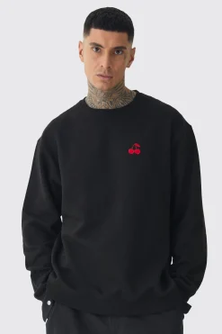 boohooMAN Tall Cherry Embroidered Sweat | UK| Hoodies & Sweatshirts